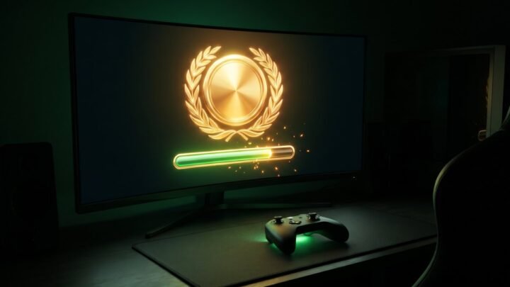 Golden trophy in an ornate laurel frame glowing on a monitor above a full progress bar, with a controller on a dark desk